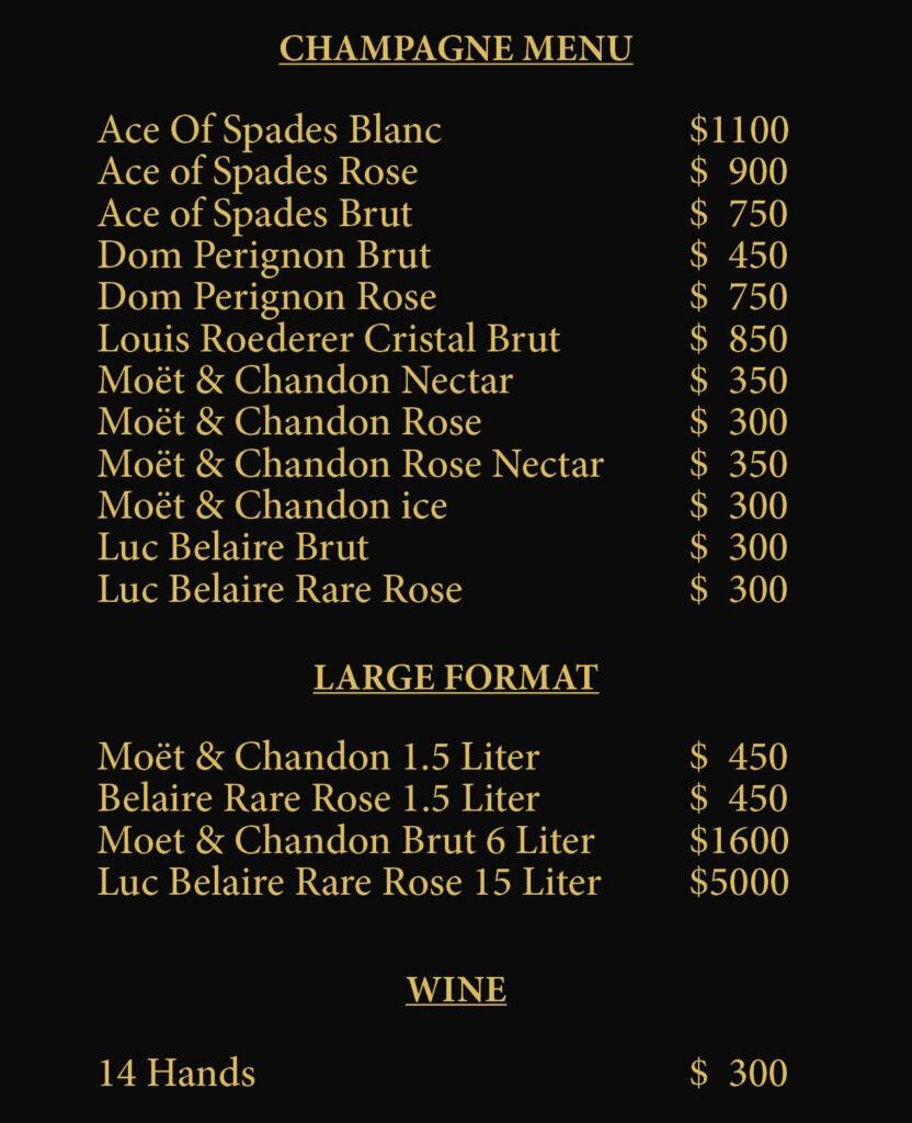 Mirage champagne menu