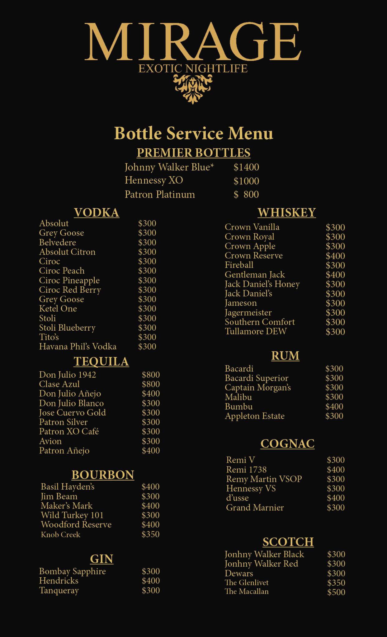 Mirage bottle service menu